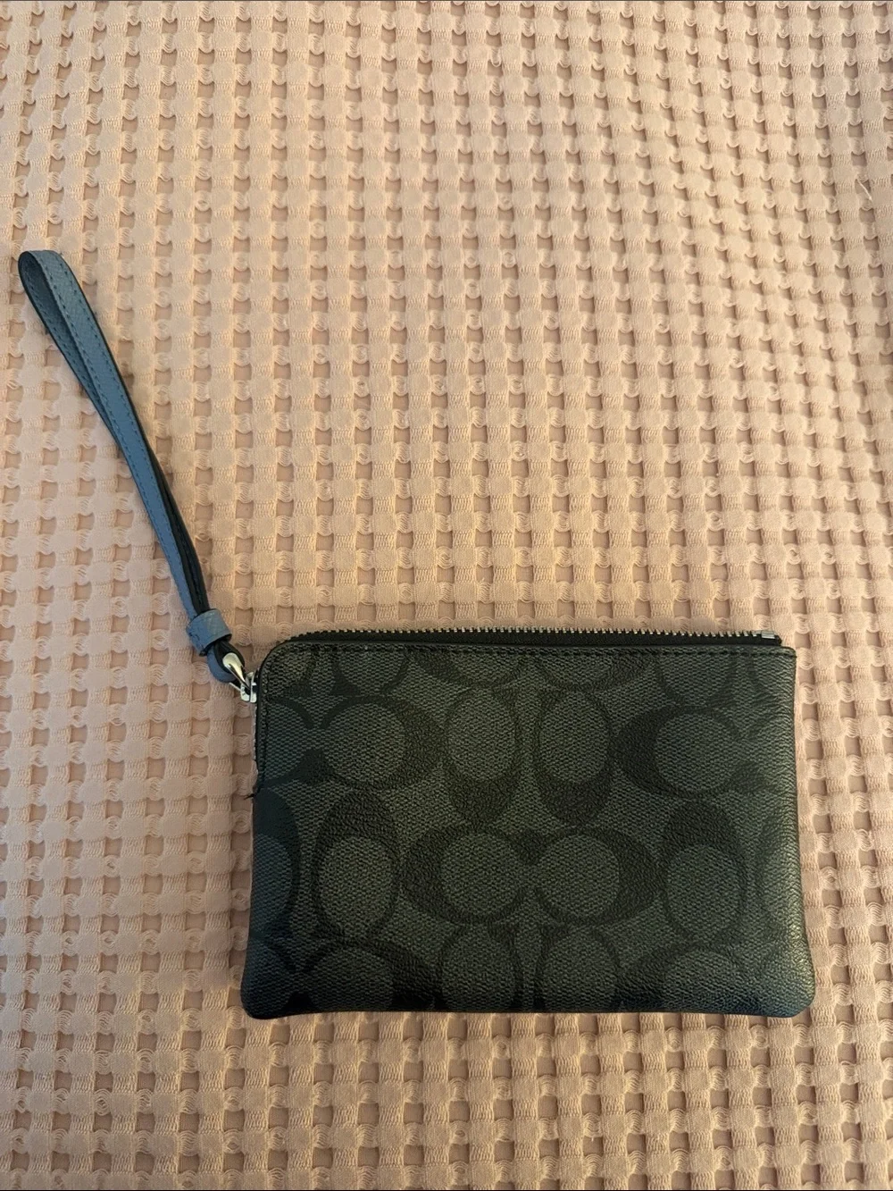 Coach Black Signature Canvas Wristlet with Navy Card Pocket
